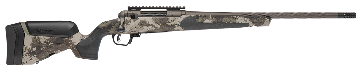 Camouflage bolt-action rifle with scope rail and muzzle brake