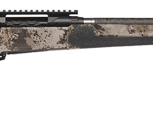 Camouflage bolt-action rifle with scope rail and black buttstock