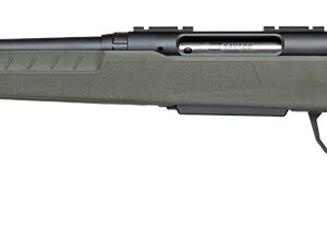 Olive green Savage bolt-action rifle with long barrel