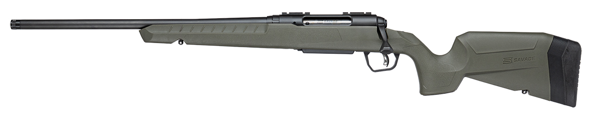 Olive-green Savage bolt-action rifle with long barrel