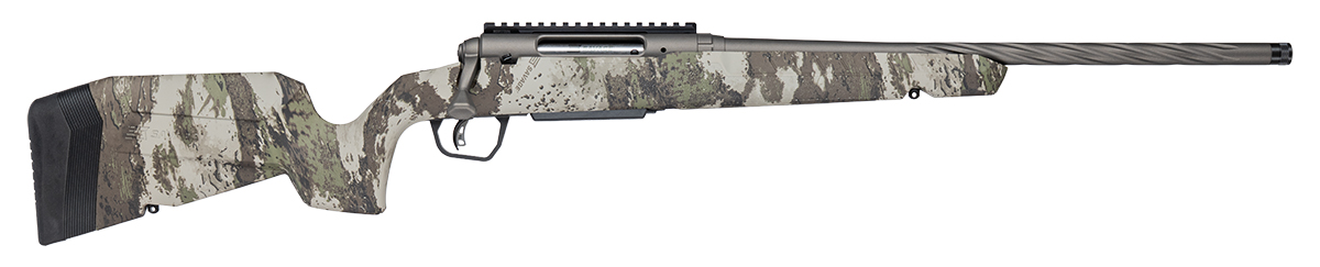 Camouflage bolt-action rifle with long fluted barrel