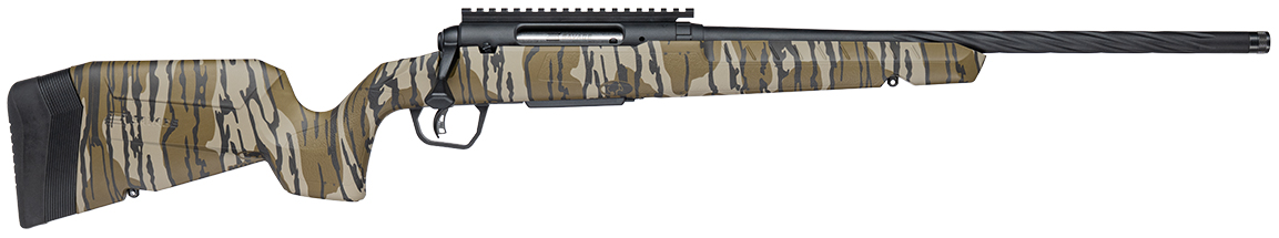 Camouflage bolt-action rifle with long barrel and rail