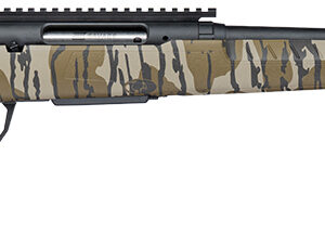 Camouflage-pattern bolt-action rifle with long black barrel