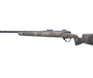 Camouflage bolt-action hunting rifle on white background