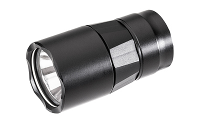 Black tactical flashlight with metallic reflector on white background