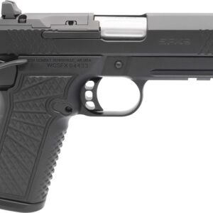 Close-up of black semi-automatic pistol grip and slide