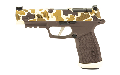 Camouflage-pattern semi-automatic pistol on white background