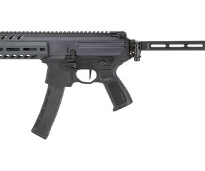 Black compact rifle with folding stock on white background