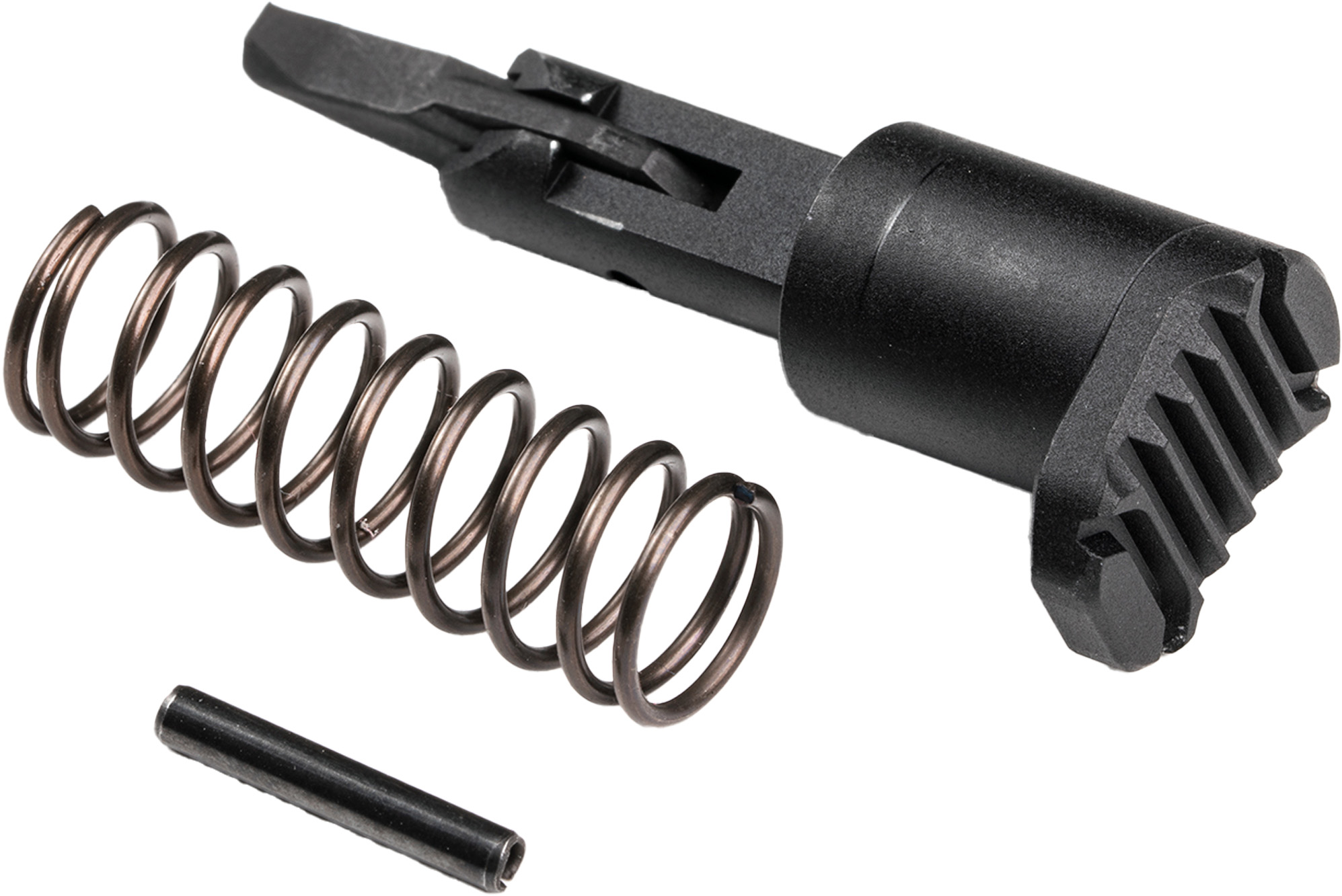 Black mechanical assembly with coiled spring and retaining pin