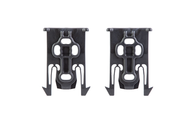 Pair of black plastic mounting clips on white background