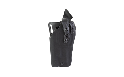 Black tactical holster holding a handgun on white background