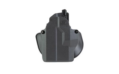 Black polymer holster with belt clips on white background