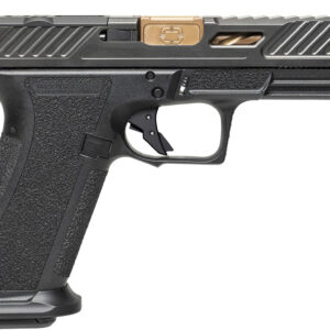 Black semi-automatic pistol with bronze slide accents