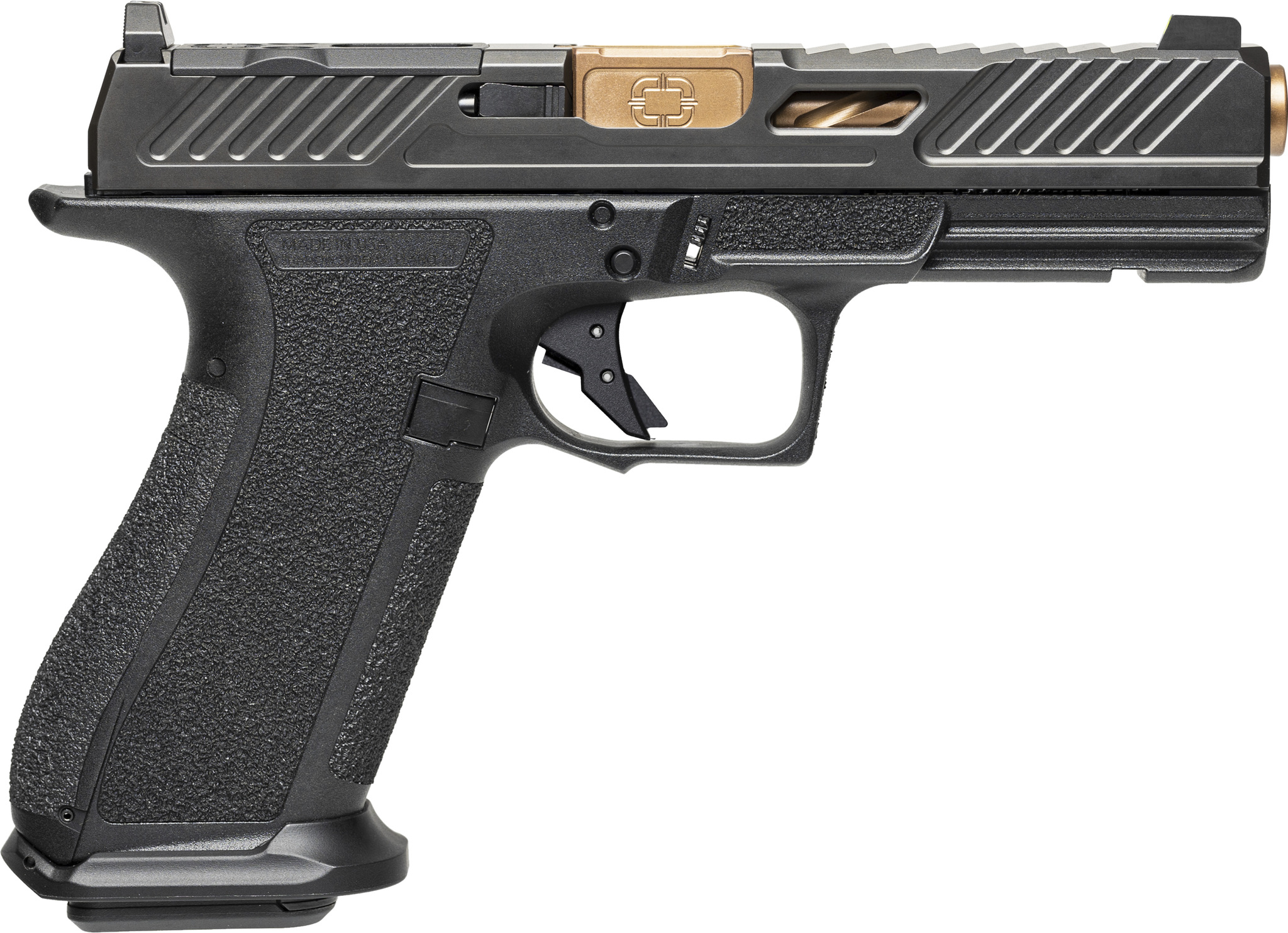 Black semi-automatic pistol with bronze slide accents