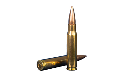 Two rifle cartridges standing and lying on white background