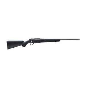 Black bolt-action hunting rifle on white background
