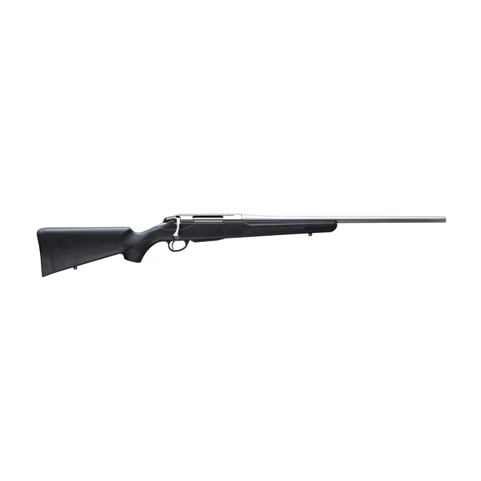 Black bolt-action hunting rifle on white background