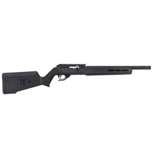 Black bolt-action rifle shown in side profile