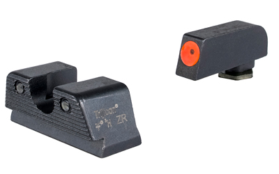 Black rifle iron sights with bright orange front dot