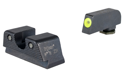 Two black firearm sights with yellow front insert