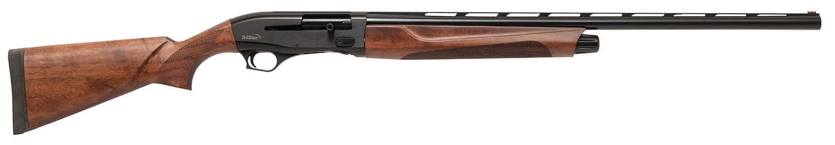 Wood-stock semi-automatic shotgun displayed in profile