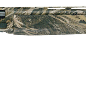 Camouflage-patterned semi-automatic shotgun on a white background
