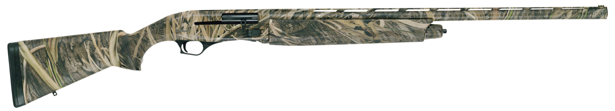 Camouflage-patterned semi-automatic shotgun on a white background