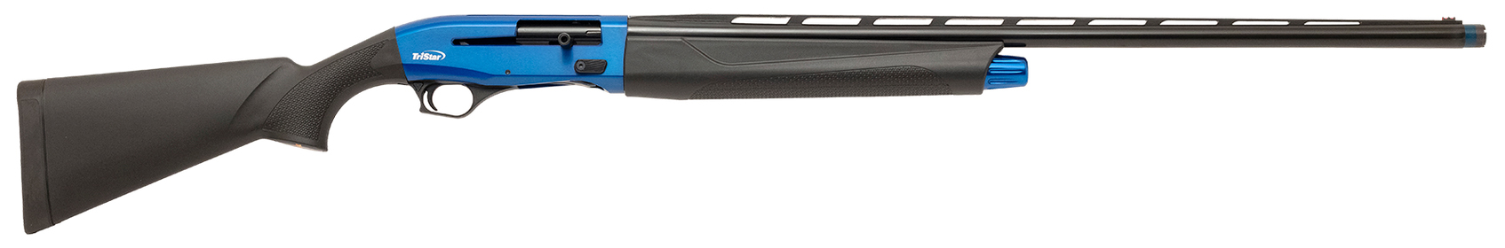 Black and blue semi-automatic shotgun on white background