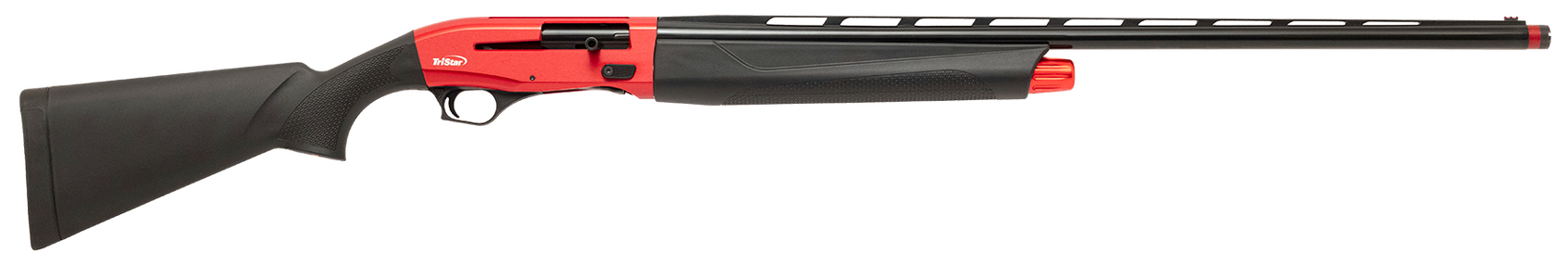 Red and black TriStar semi-automatic shotgun on white background