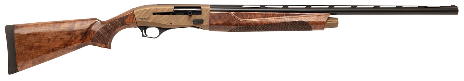 Wood-stock semi-automatic shotgun with ventilated barrel