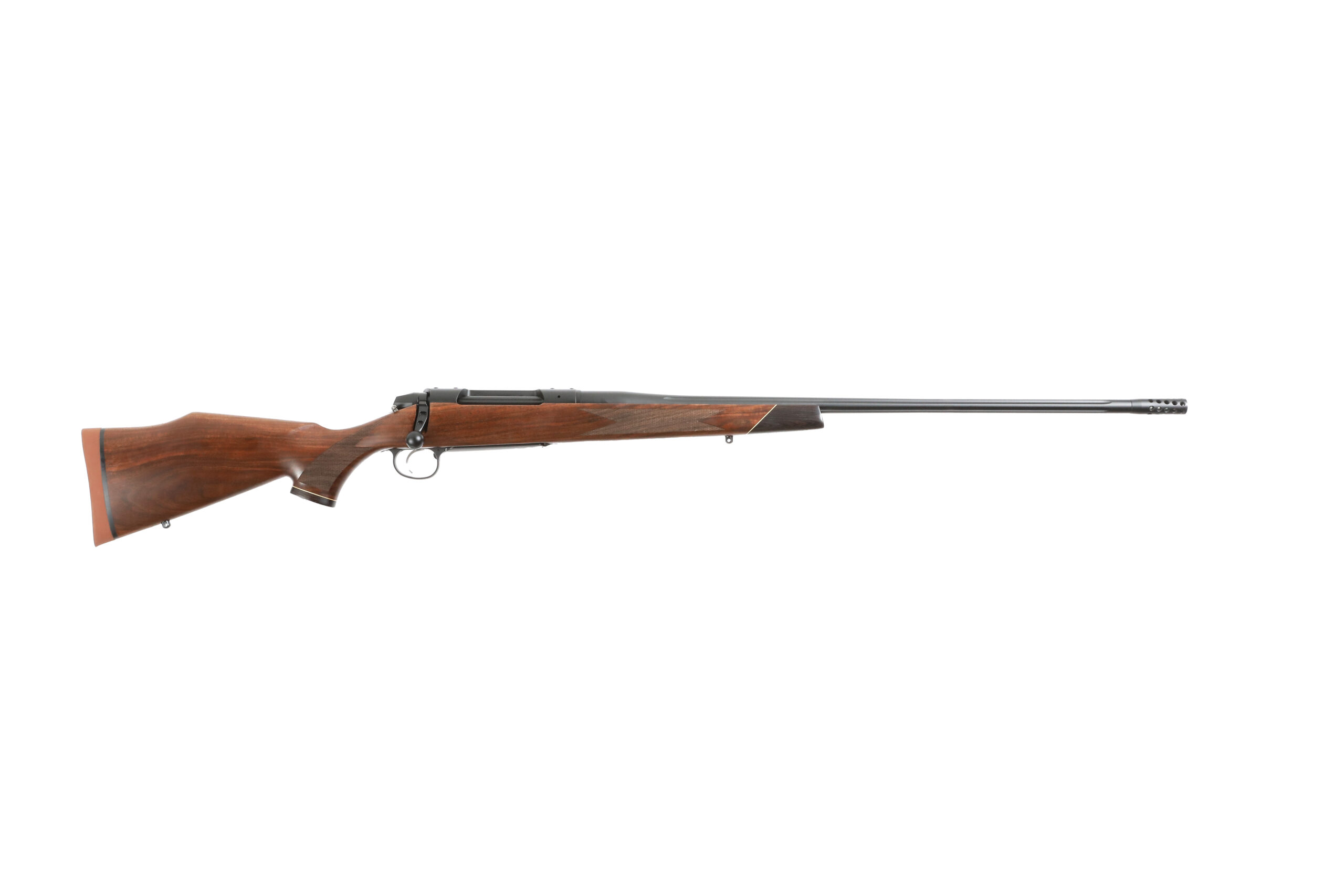 Wood-stocked bolt-action rifle on white background