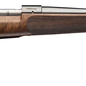 Side view of bolt-action rifle with figured wood stock