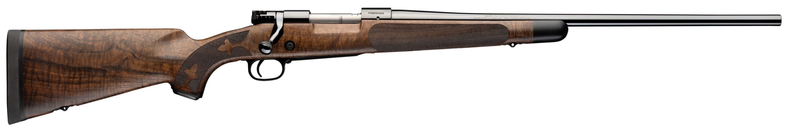 Side view of bolt-action rifle with figured wood stock