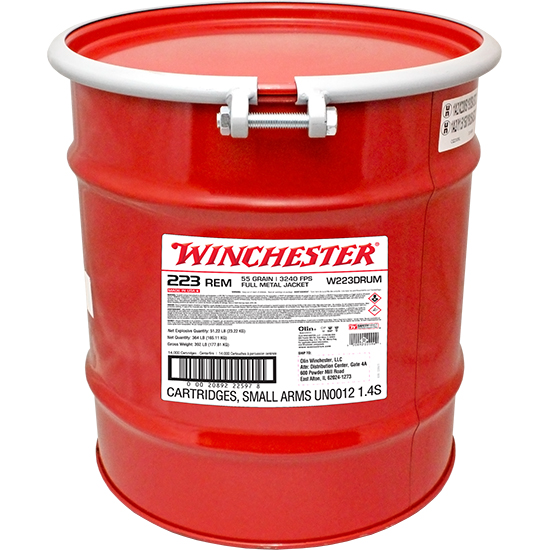 Red Winchester ammunition drum labeled 223 Rem cartridges