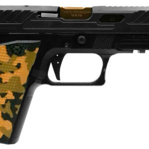 Black 9mm pistol with camouflage-patterned grip