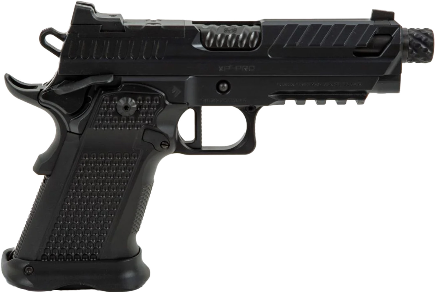 Black tactical semi-automatic pistol with textured grip