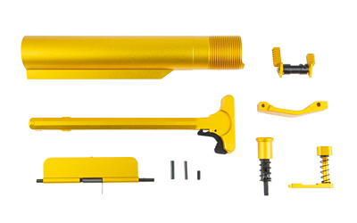 Yellow anodized folding scooter mechanism components on white background